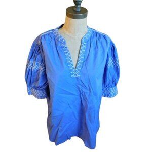 Chico's Size 12 (2) Blue white Cloth Flared Short Sleeve Vneck Blouse Top